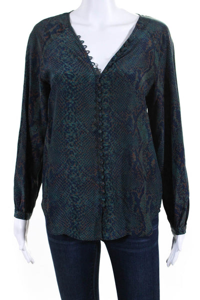 Joie Womens Green Silk Snakeskin Print V-Neck Long Sleeve Blouse Top Size XXS