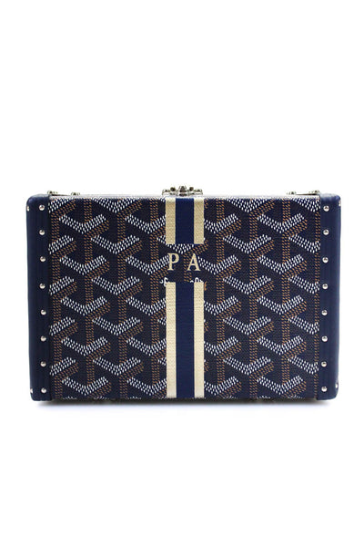 Goyard Women's Leather Trim Goyardine Minaudière Trunk Crossbody Bag Blue