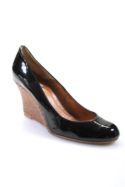 Lanvin Women's Round Toe Patent Leather Espadrille Wedge Shoes Black Size 10