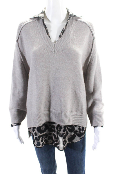 Brochu Walker Womens Gray Wool Cashmere Blend Printed Collar Sweater Top Size S