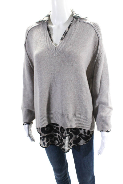 Brochu Walker Womens Gray Wool Cashmere Blend Printed Collar Sweater Top Size S