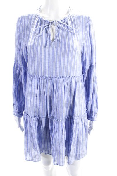 Rails Womens Blue Linen Striped Tie V-Neck Long Sleeve A-line Dress Size XS