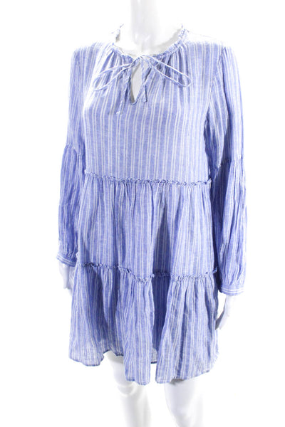 Rails Womens Blue Linen Striped Tie V-Neck Long Sleeve A-line Dress Size XS