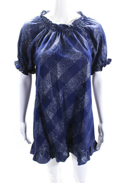 Hill House Womens Round Neck Ruffle Short Sleeves A-Line Mini Dress Blue Size XS