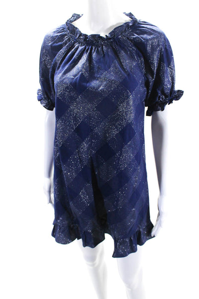 Hill House Womens Round Neck Ruffle Short Sleeves A-Line Mini Dress Blue Size XS