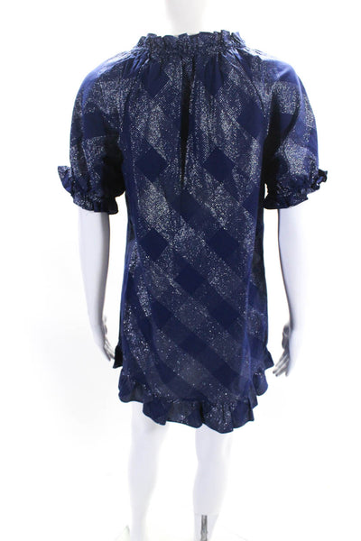 Hill House Womens Round Neck Ruffle Short Sleeves A-Line Mini Dress Blue Size XS