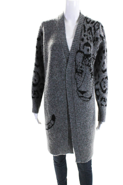 Anthropologie Womens Animal Print Knitted Textured Open Cardigan Gray Size XS