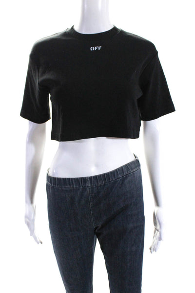 Off White Women's Round Neck Short Sleeves Cropped Top T-Shirt Black Size S