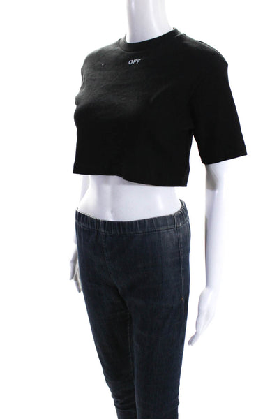 Off White Women's Round Neck Short Sleeves Cropped Top T-Shirt Black Size S