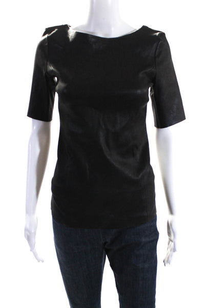 DROMe Women's Round Neck Short Sleeves Unlined Leather Blouse Black Size S