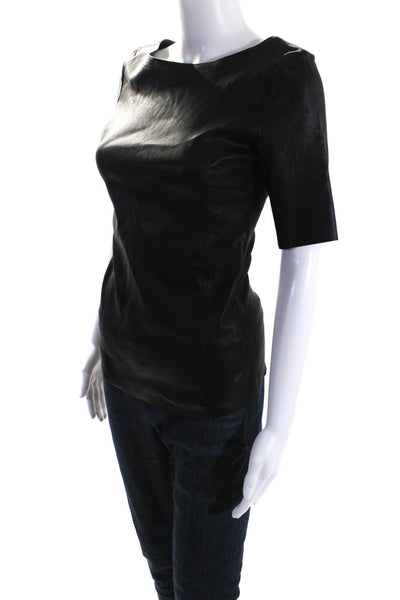 DROMe Women's Round Neck Short Sleeves Unlined Leather Blouse Black Size S