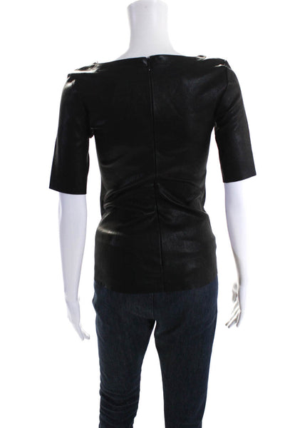 DROMe Women's Round Neck Short Sleeves Unlined Leather Blouse Black Size S