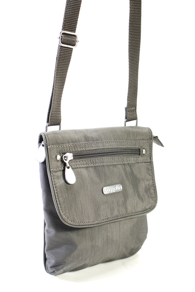 Baggallini Womens Silver Tone Button Closure Crossbody Shoulder Handbag Gray