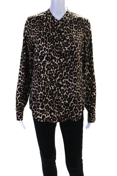 J Crew Womens Silk Animal Print Collared Long Sleeve Buttoned Top Brown Size 6