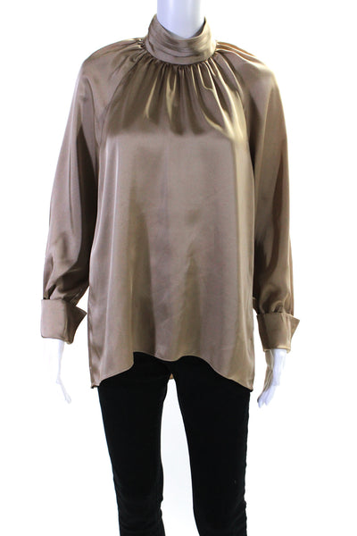 Joie Womens Pleated Mock Neck Buttoned Cuffed Long Sleeve Blouse Tan Size M