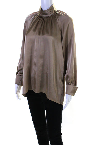 Joie Womens Pleated Mock Neck Buttoned Cuffed Long Sleeve Blouse Tan Size M