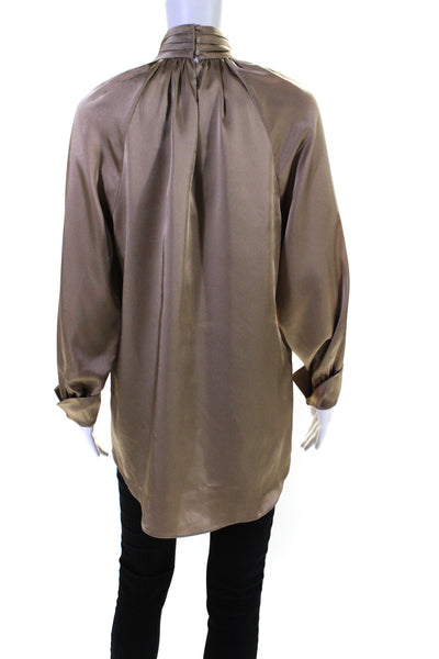 Joie Womens Pleated Mock Neck Buttoned Cuffed Long Sleeve Blouse Tan Size M