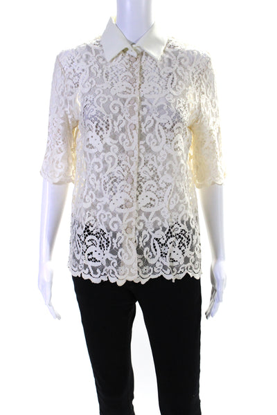 Hermes Womens Lace Crew Neck Short Sleeves Button Down Shirt White Size EUR 36