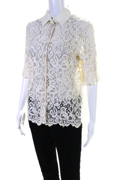 Hermes Womens Lace Crew Neck Short Sleeves Button Down Shirt White Size EUR 36