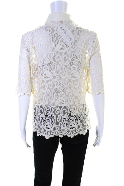 Hermes Womens Lace Crew Neck Short Sleeves Button Down Shirt White Size EUR 36