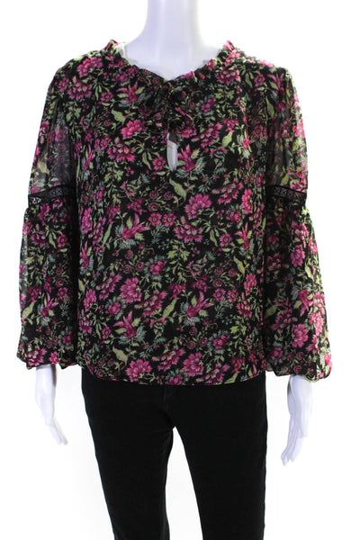 Misa Womens Floral Print V-Neck Tied Bishop Long Sleeve Blouse Top Pink Size S