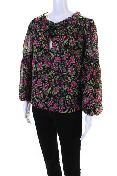 Misa Womens Floral Print V-Neck Tied Bishop Long Sleeve Blouse Top Pink Size S