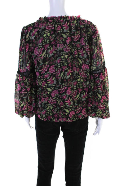 Misa Womens Floral Print V-Neck Tied Bishop Long Sleeve Blouse Top Pink Size S