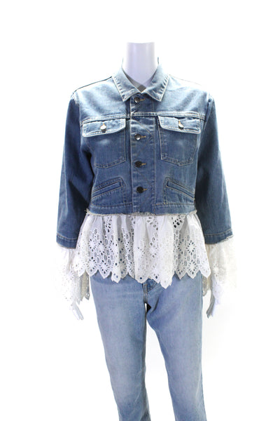 Sea Womens Cotton Battenberg Lace Hem Patchwork Button Denim Jacket Blue Size S