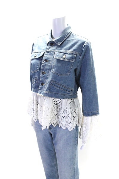 Sea Womens Cotton Battenberg Lace Hem Patchwork Button Denim Jacket Blue Size S