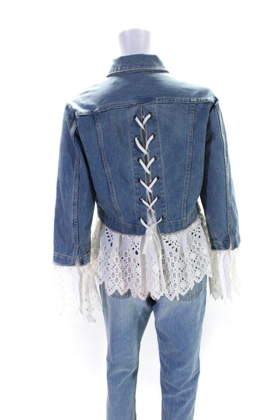 Sea Womens Cotton Battenberg Lace Hem Patchwork Button Denim Jacket Blue Size S