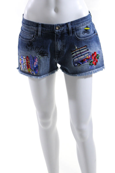 C x Mira Mikati Womens Cotton Embroidered Fringed Hem Denim Shorts Blue Size EUR