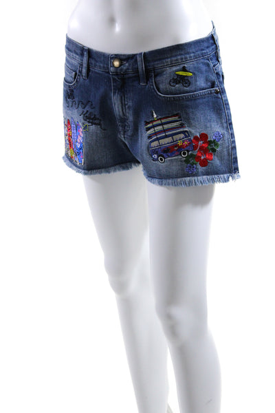 C x Mira Mikati Womens Cotton Embroidered Fringed Hem Denim Shorts Blue Size EUR