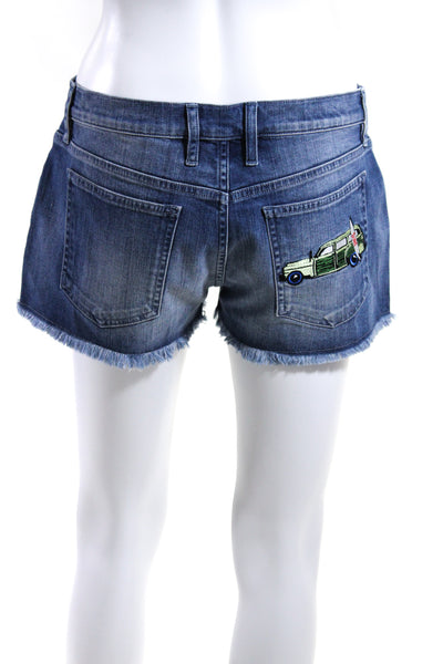 C x Mira Mikati Womens Cotton Embroidered Fringed Hem Denim Shorts Blue Size EUR