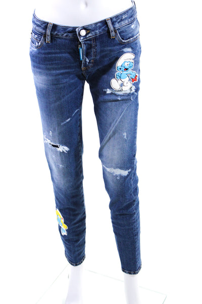 Dsquared2 Womens Cotton Graphic Cartoon Distress Straight Jeans Blue Size EUR36