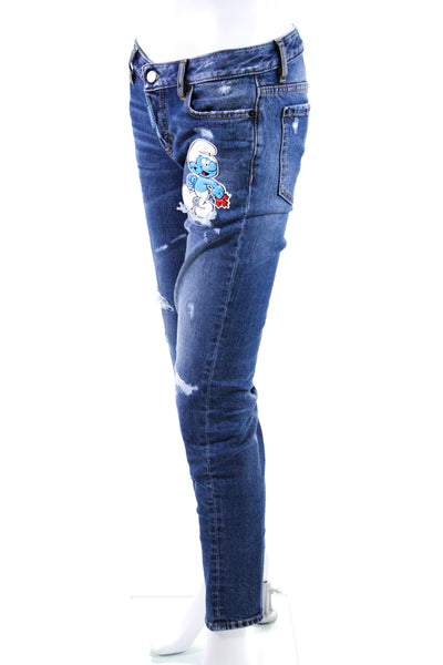 Dsquared2 Womens Cotton Graphic Cartoon Distress Straight Jeans Blue Size EUR36