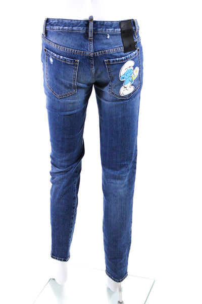 Dsquared2 Womens Cotton Graphic Cartoon Distress Straight Jeans Blue Size EUR36