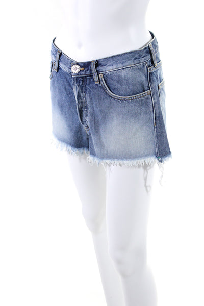 Alanui Womens Cotton Medium Washed Full Button Frayed Hem Shorts Blue Size EUR27