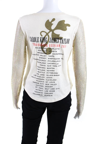 OPD NY Womens Graphic Print Mesh Jeweled Textured Long Sleeve Top Beige Size S