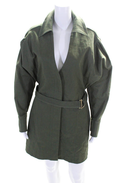 Nicholas Womens Olive Green Cotton V-Neck Belt Long Sleeve Shift Dress Size 6