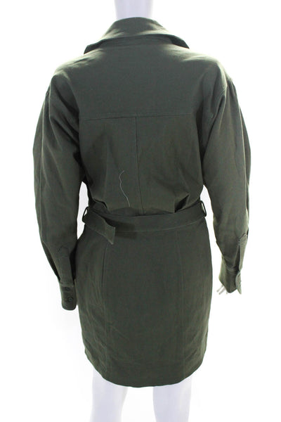 Nicholas Womens Olive Green Cotton V-Neck Belt Long Sleeve Shift Dress Size 6