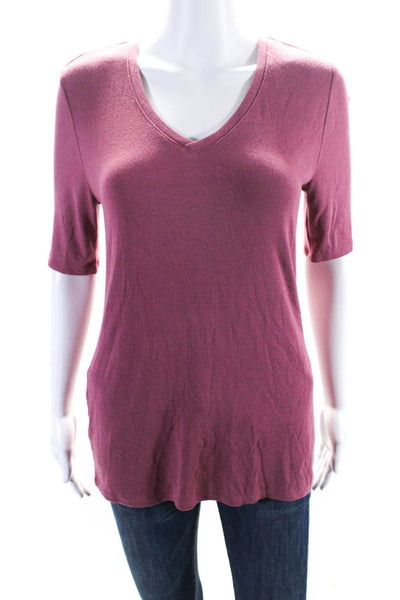 Magaschoni Womens Ribbed Knit Short Sleeve V Neck T shirt Pink Size S