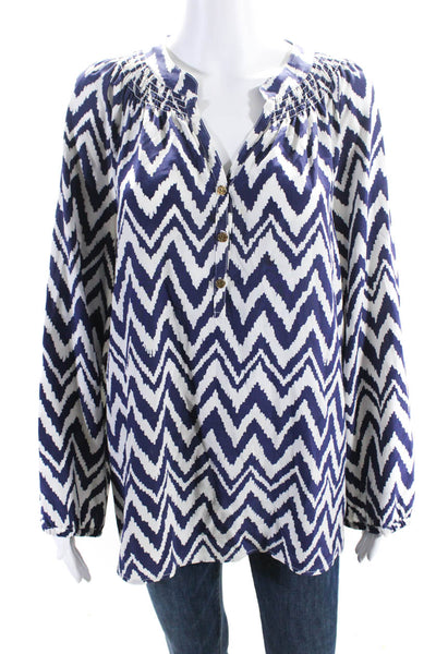 Lily Pulitzer Womens Silk Chevron Print V Neck Long Sleeve Blouse Purple Size L