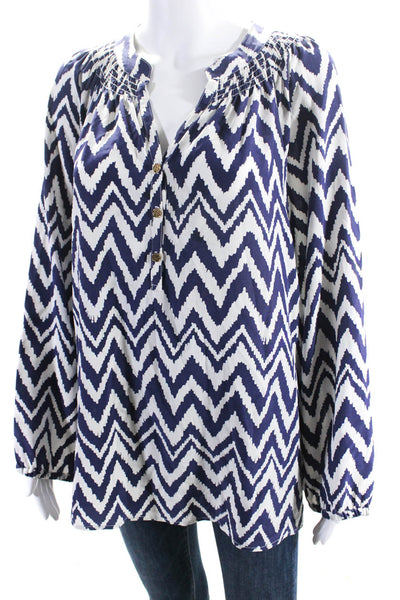 Lily Pulitzer Womens Silk Chevron Print V Neck Long Sleeve Blouse Purple Size L