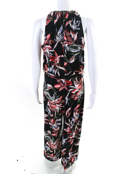 T Tahari Womens Floral Print Halter Neck Wide Leg Jumpsuit Black Size S