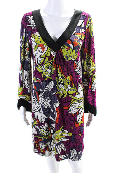 Trina Turk Womens Abstract Print Long Sleeve V Neck Dress Multicolor Size 12