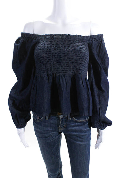 J Crew Womens Indigo Cotton Long Sleeve Smocked Denim Peplum Blouse Top Size S