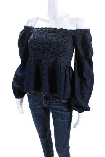 J Crew Womens Indigo Cotton Long Sleeve Smocked Denim Peplum Blouse Top Size S