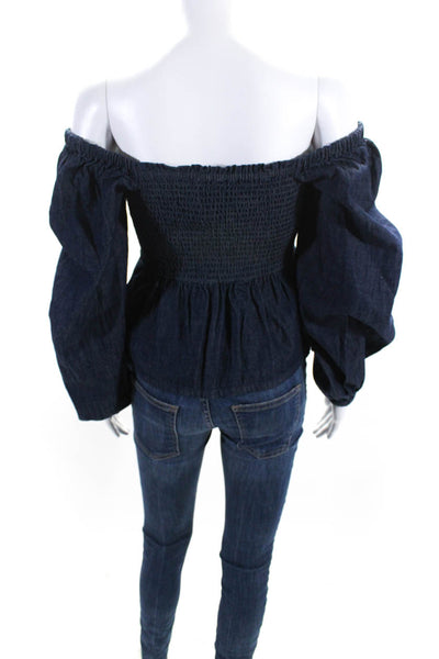 J Crew Womens Indigo Cotton Long Sleeve Smocked Denim Peplum Blouse Top Size S