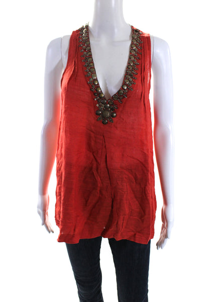 Joie Women's V-Neck Embellish Silk Pintuck Dressy Blouse Red Size S