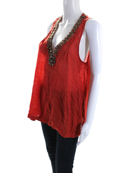 Joie Women's V-Neck Embellish Silk Pintuck Dressy Blouse Red Size S